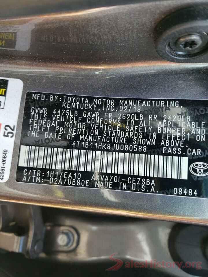 4T1B11HK8JU080588 2018 TOYOTA CAMRY