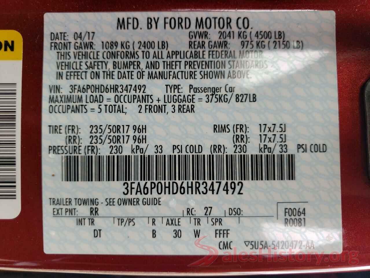 3FA6P0HD6HR347492 2017 FORD FUSION