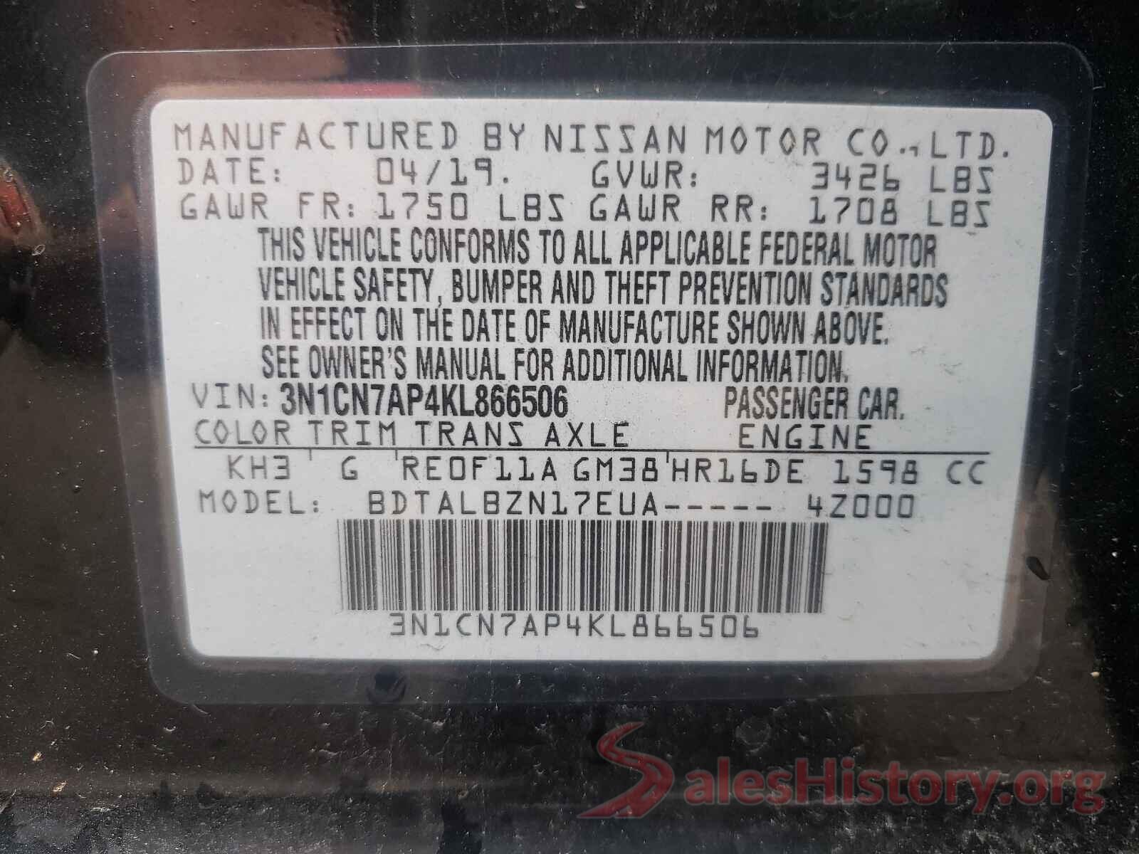 3N1CN7AP4KL866506 2019 NISSAN VERSA