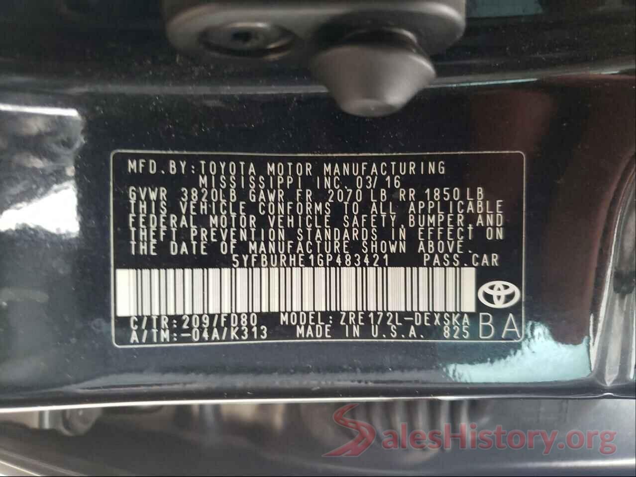 5YFBURHE1GP483421 2016 TOYOTA COROLLA