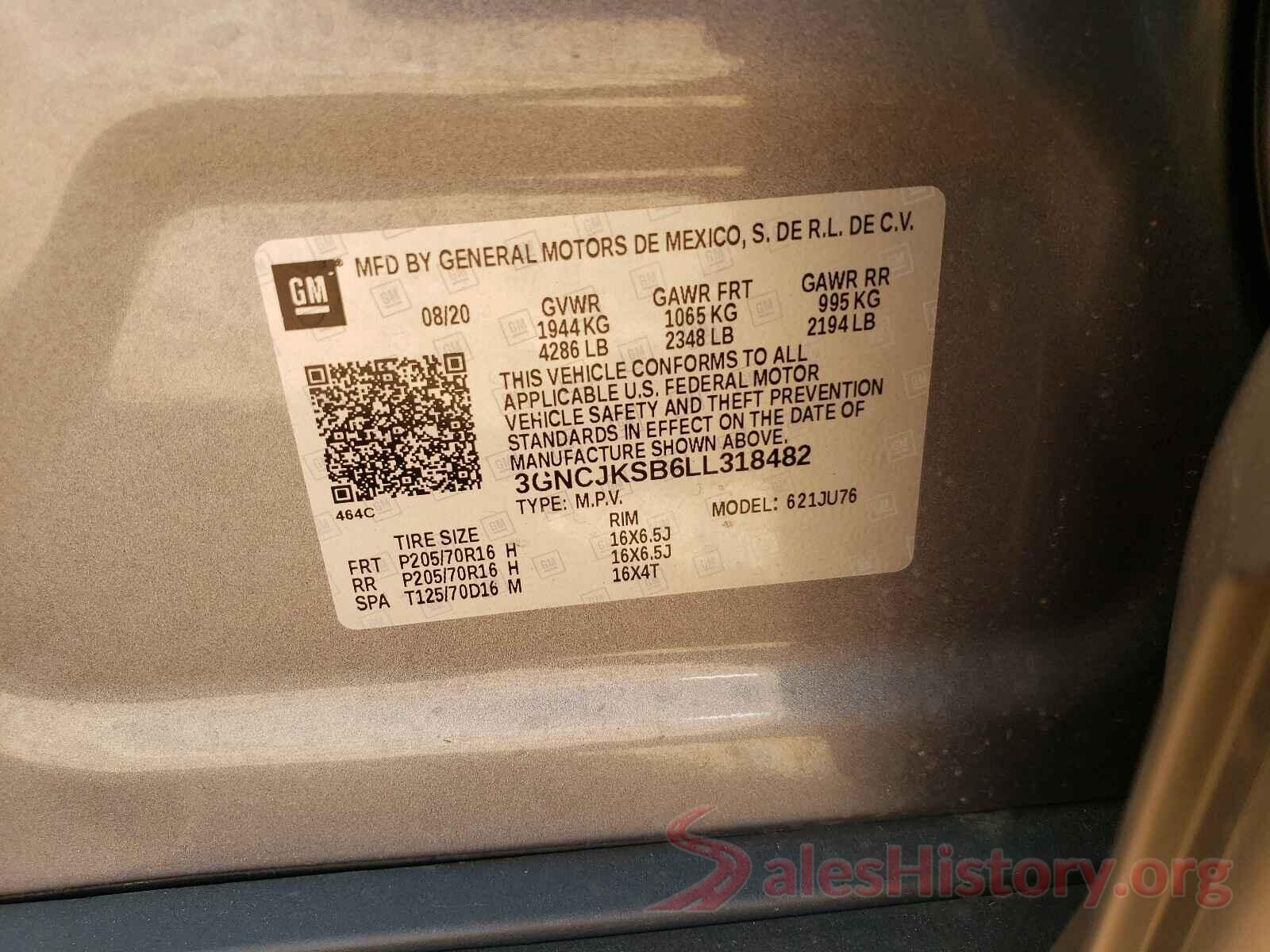 3GNCJKSB6LL318482 2020 CHEVROLET TRAX