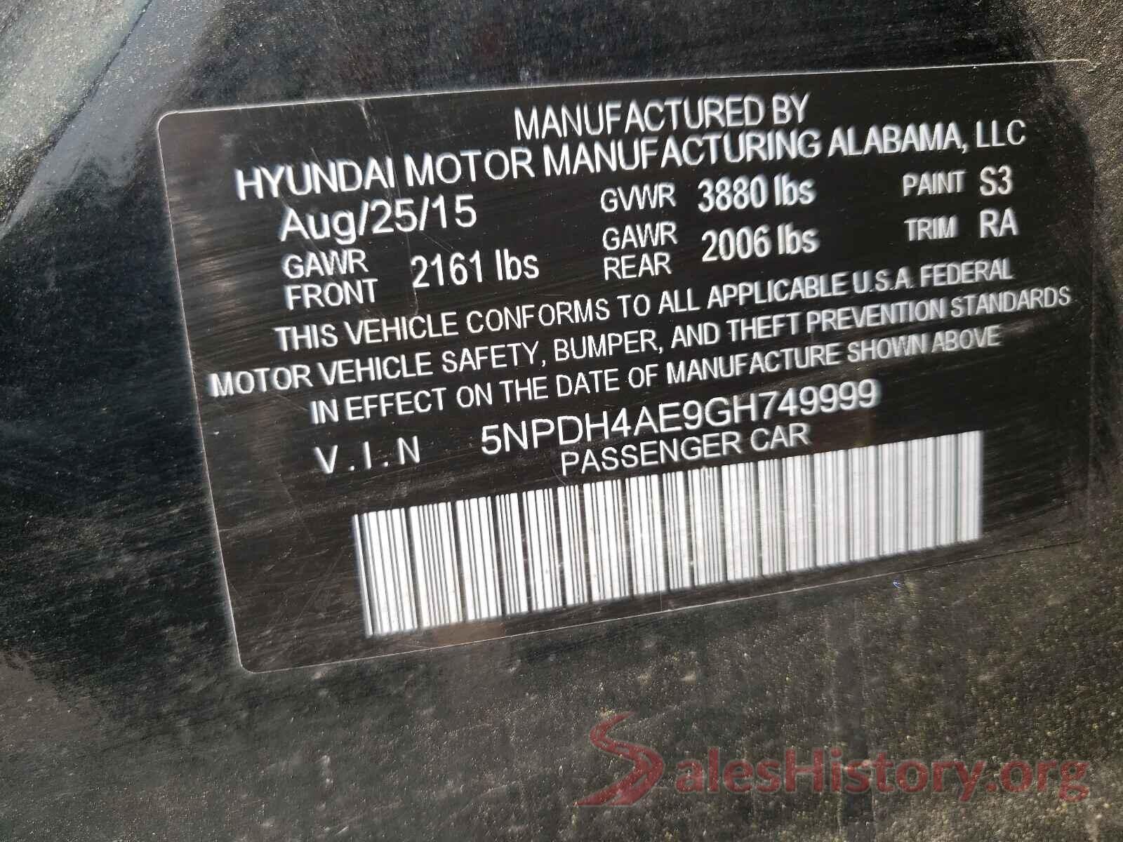 5NPDH4AE9GH749999 2016 HYUNDAI ELANTRA