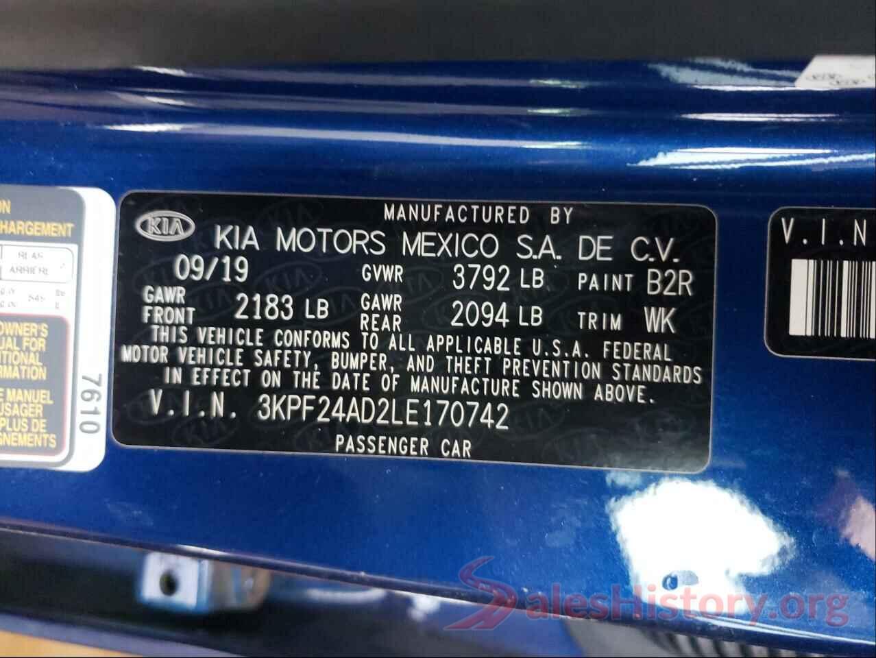 3KPF24AD2LE170742 2020 KIA FORTE