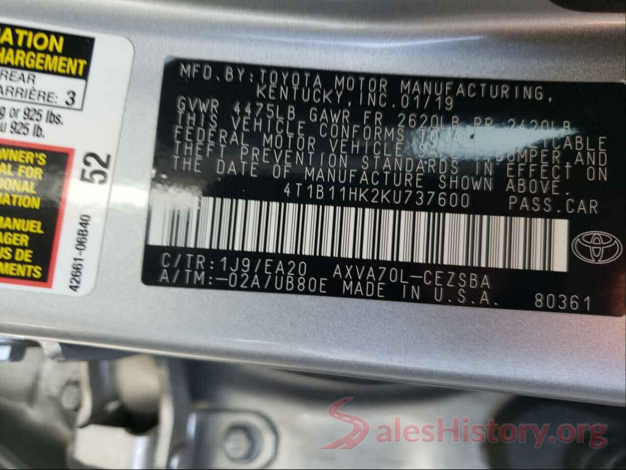 4T1B11HK2KU737600 2019 TOYOTA CAMRY