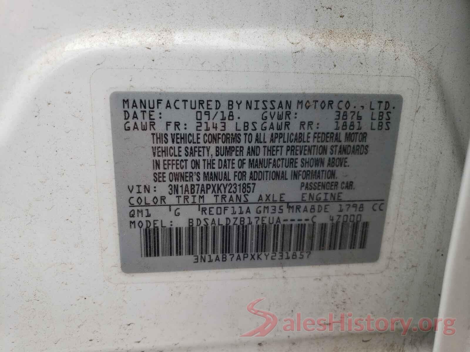 3N1AB7APXKY231857 2019 NISSAN SENTRA