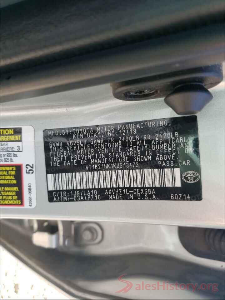 4T1B21HK1KU513473 2019 TOYOTA CAMRY