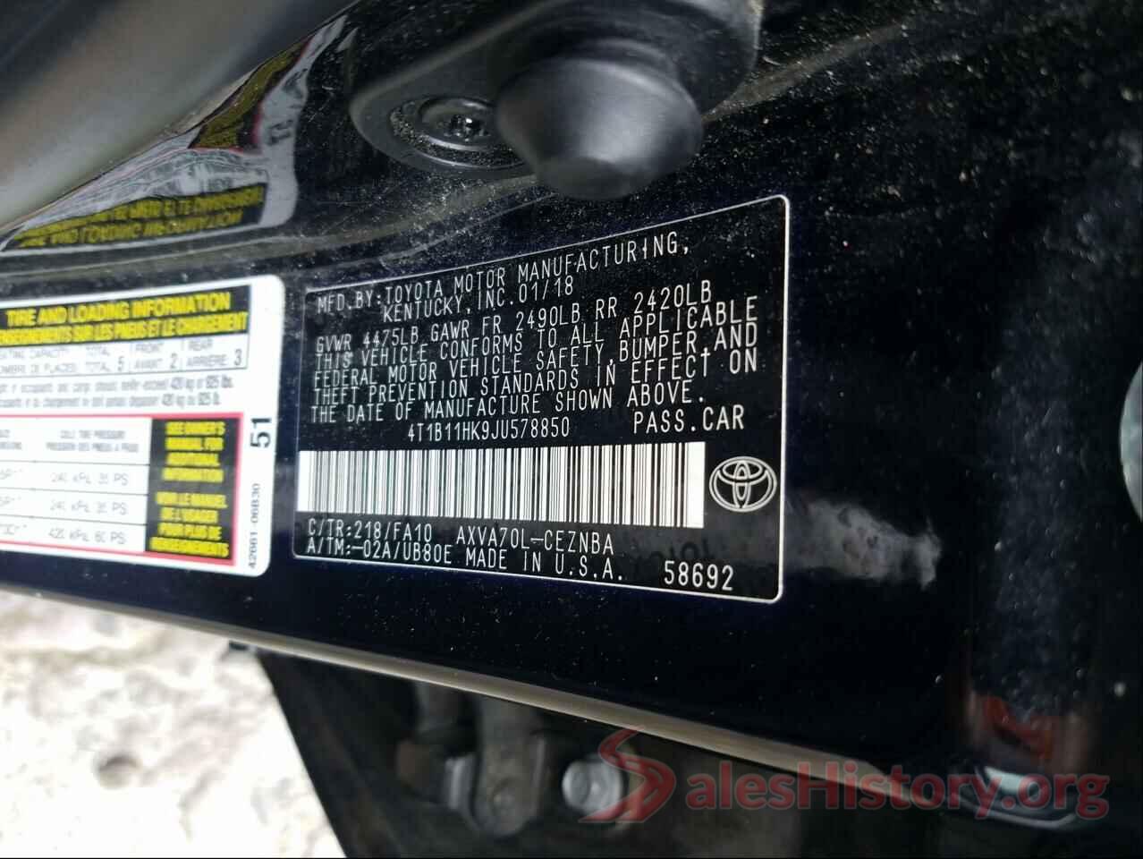 4T1B11HK9JU578850 2018 TOYOTA CAMRY