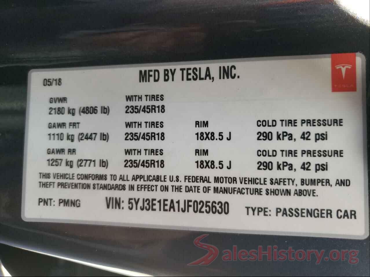 5YJ3E1EA1JF025630 2018 TESLA MODEL 3