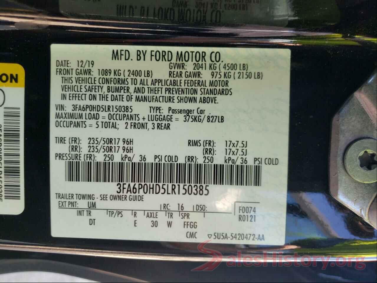 3FA6P0HD5LR150385 2020 FORD FUSION