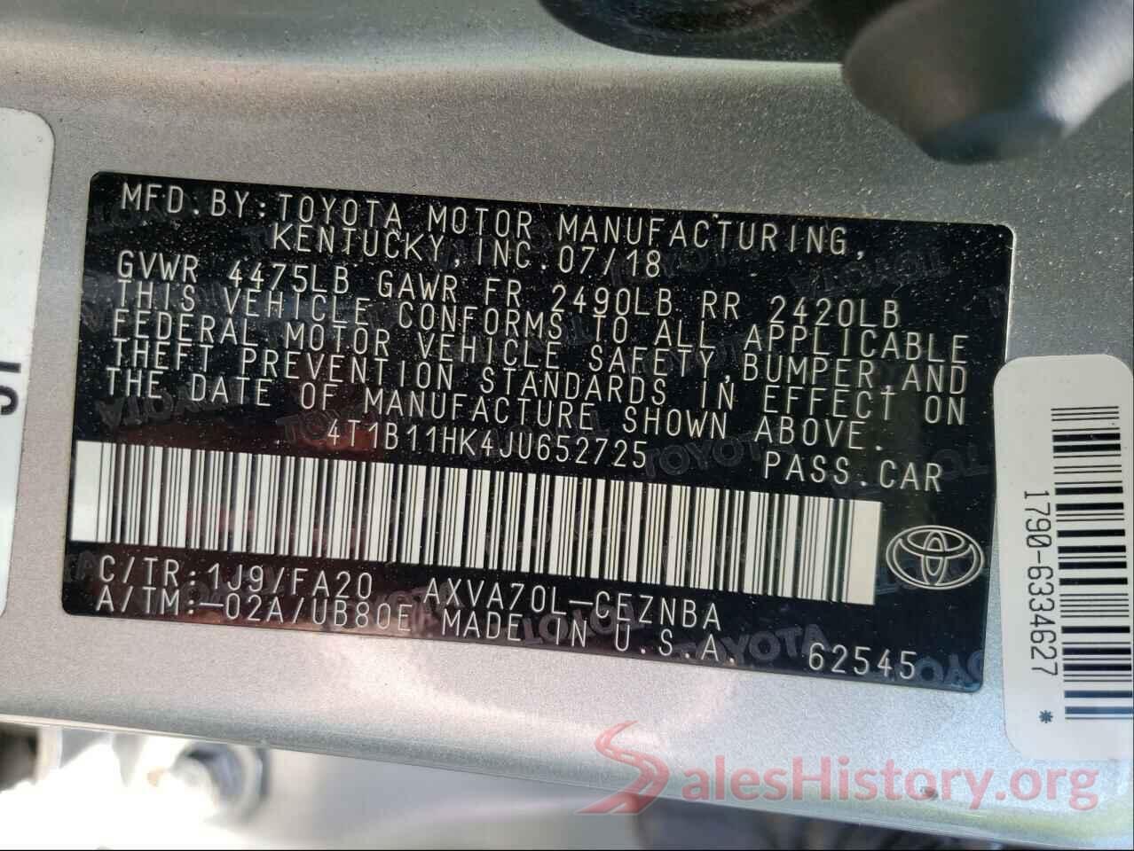 4T1B11HK4JU652725 2018 TOYOTA CAMRY