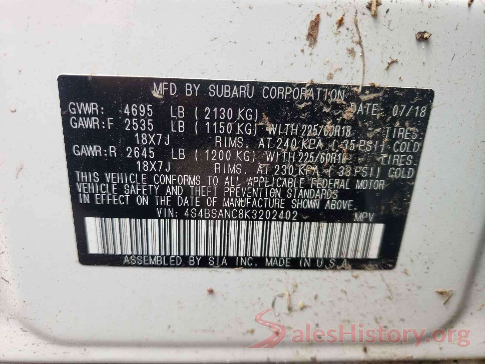 4S4BSANC8K3202402 2019 SUBARU OUTBACK