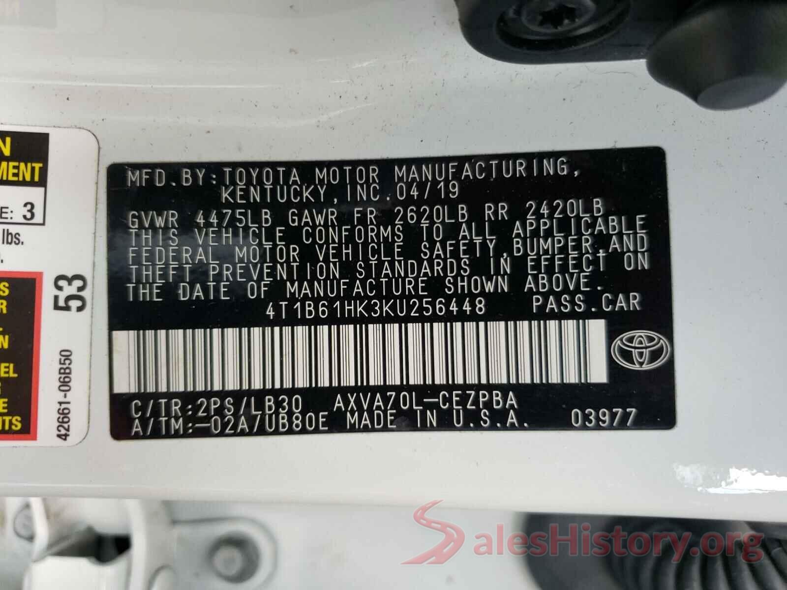 4T1B61HK3KU256448 2019 TOYOTA CAMRY