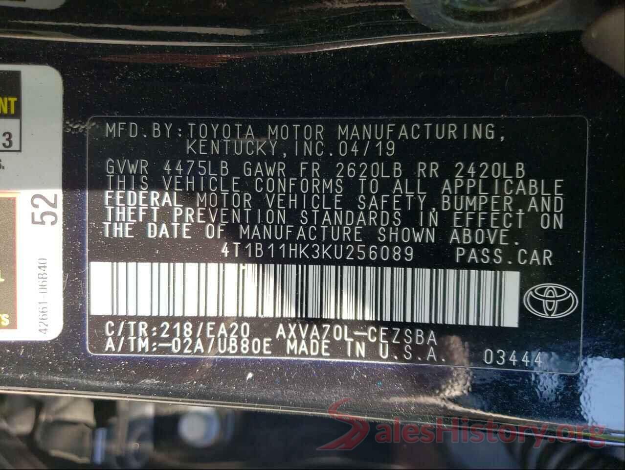 4T1B11HK3KU256089 2019 TOYOTA CAMRY