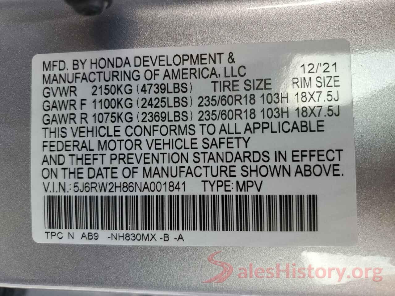 5J6RW2H86NA001841 2022 HONDA CRV