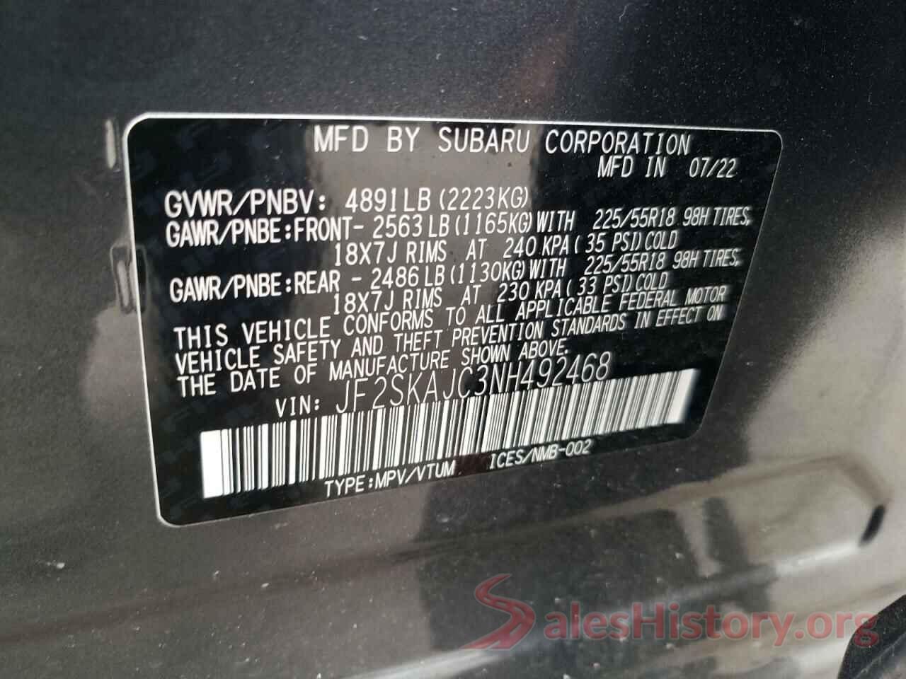 JF2SKAJC3NH492468 2022 SUBARU FORESTER