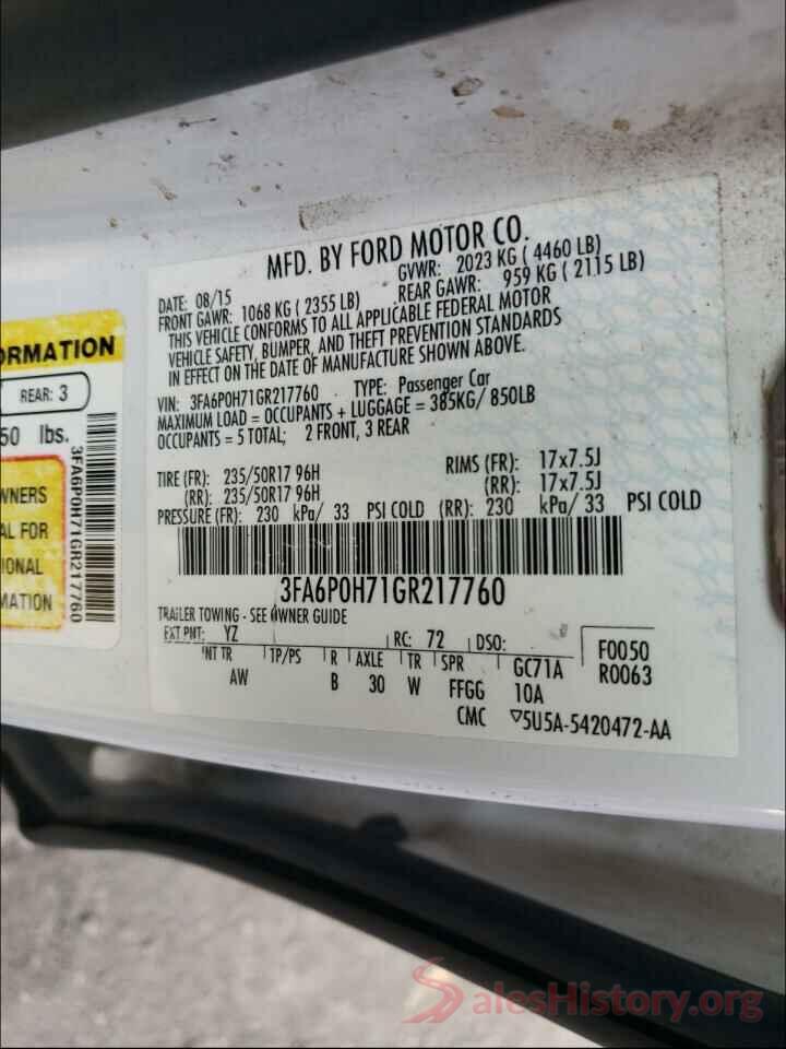 3FA6P0H71GR217760 2016 FORD FUSION