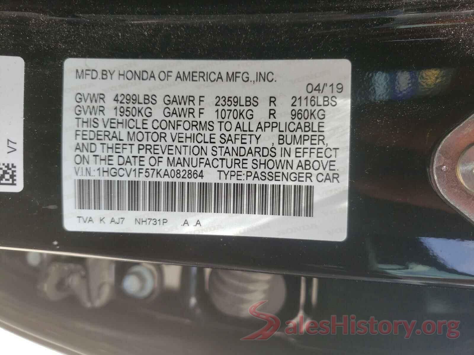 1HGCV1F57KA082864 2019 HONDA ACCORD