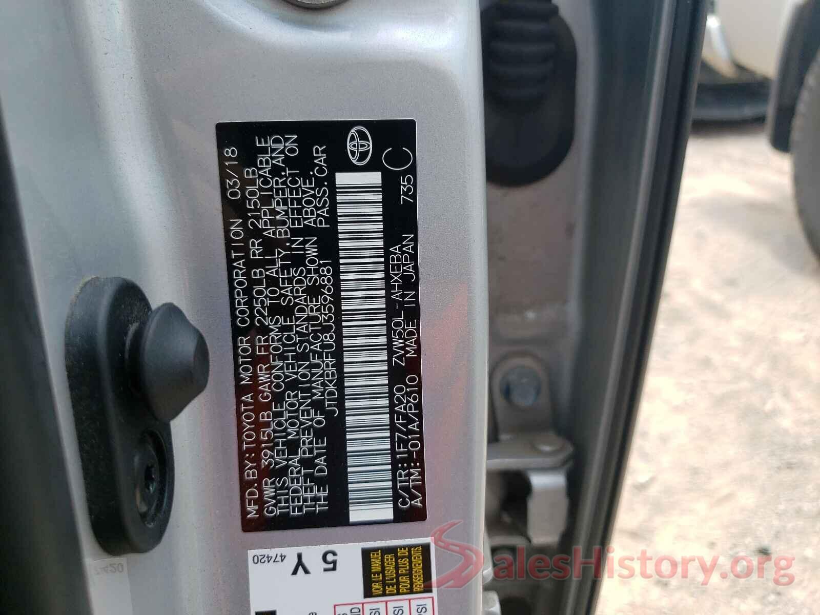 JTDKBRFU8J3596881 2018 TOYOTA PRIUS