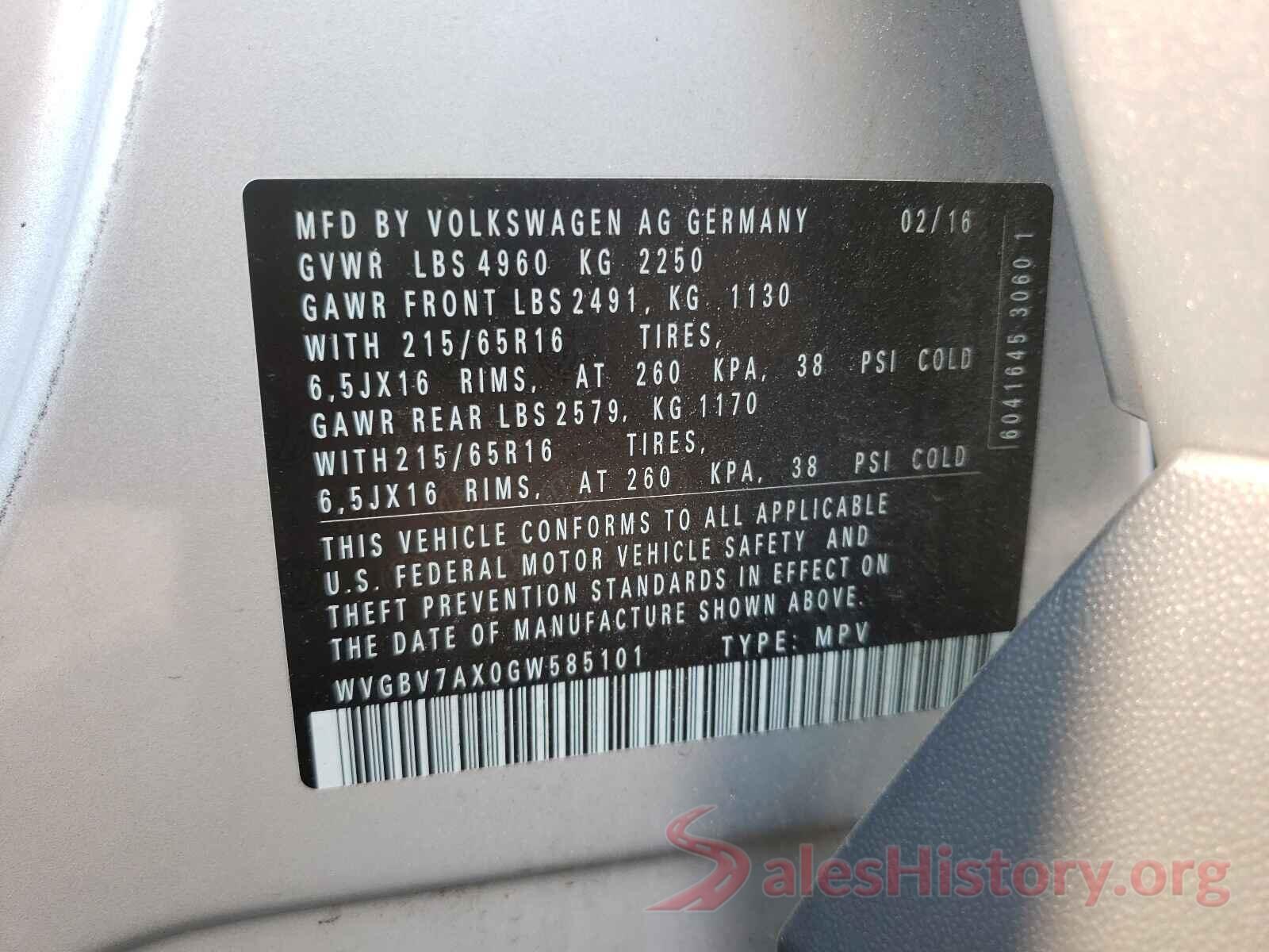 WVGBV7AX0GW585101 2016 VOLKSWAGEN TIGUAN