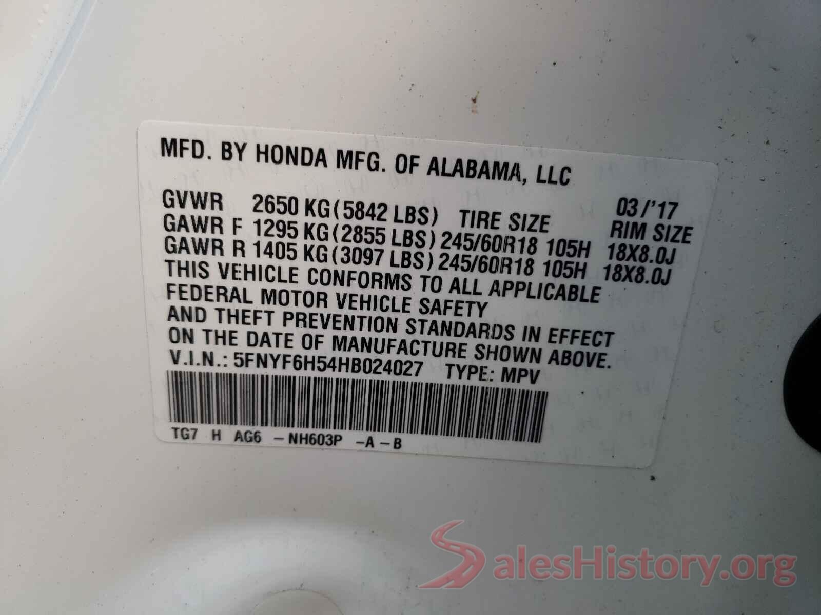 5FNYF6H54HB024027 2017 HONDA PILOT