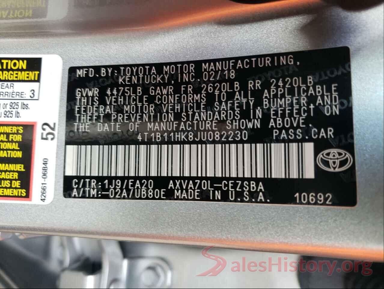 4T1B11HK8JU082230 2018 TOYOTA CAMRY