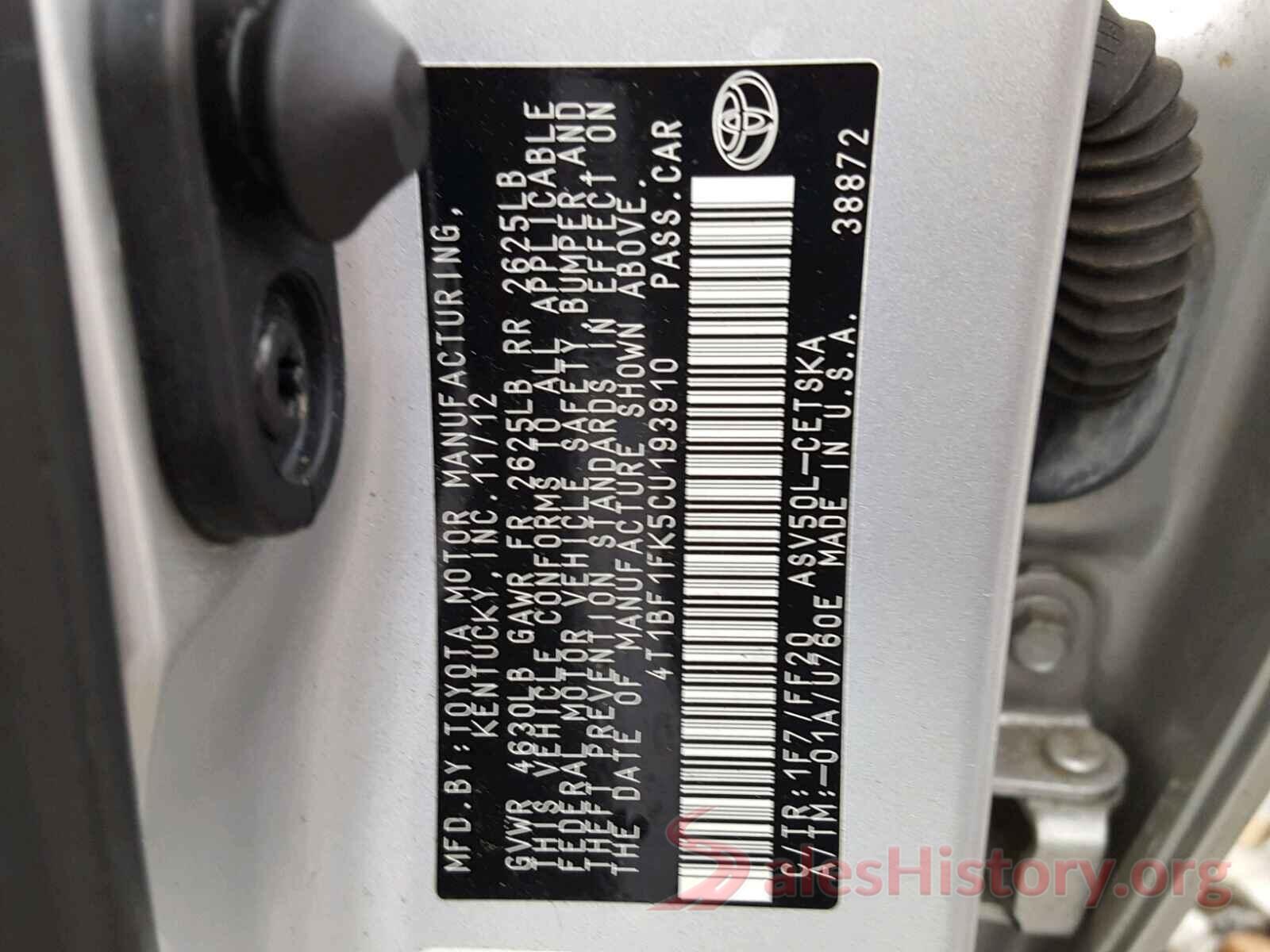 4T1BF1FK5CU193910 2012 TOYOTA CAMRY BASE