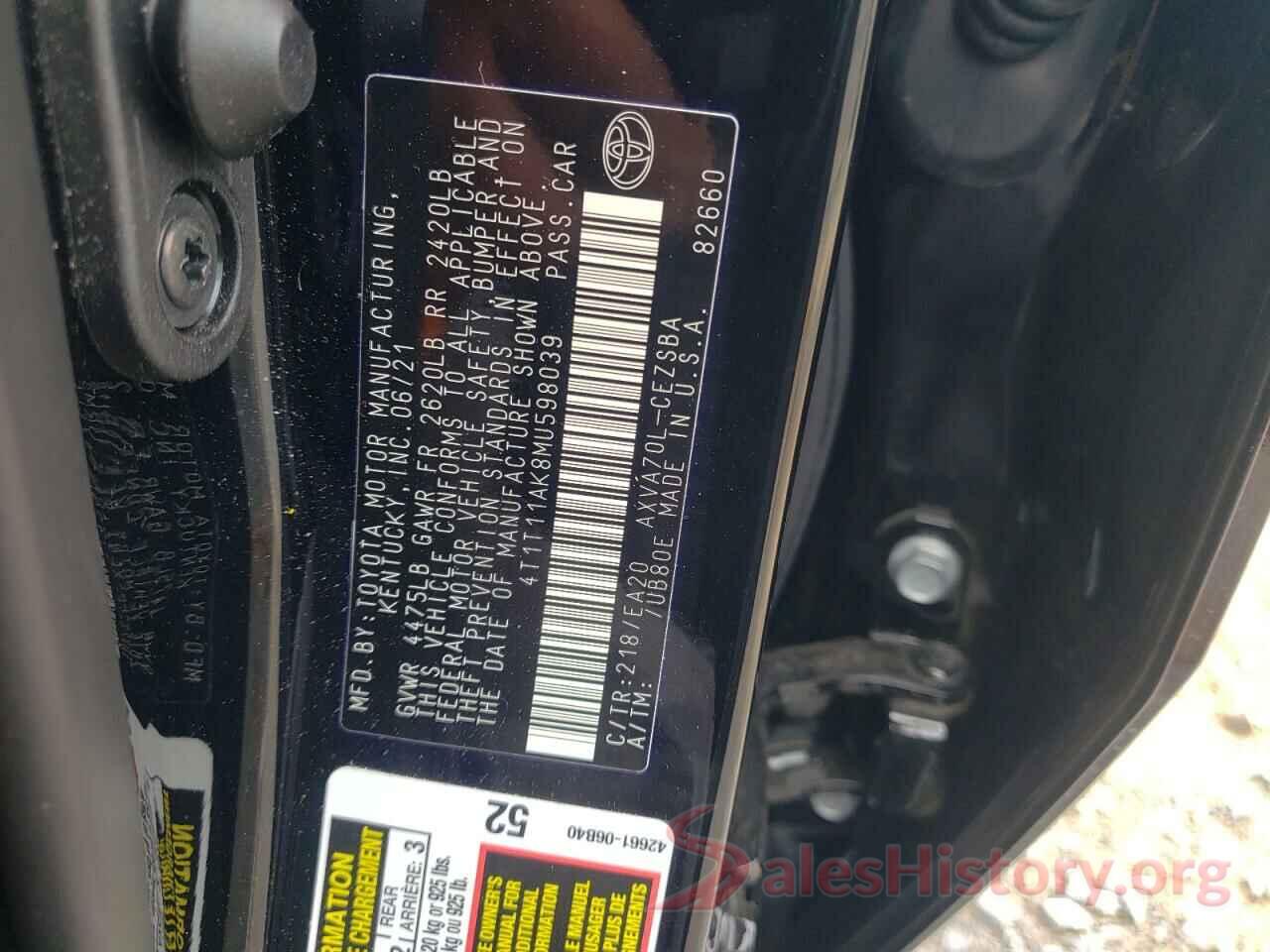 4T1T11AK8MU598039 2021 TOYOTA CAMRY