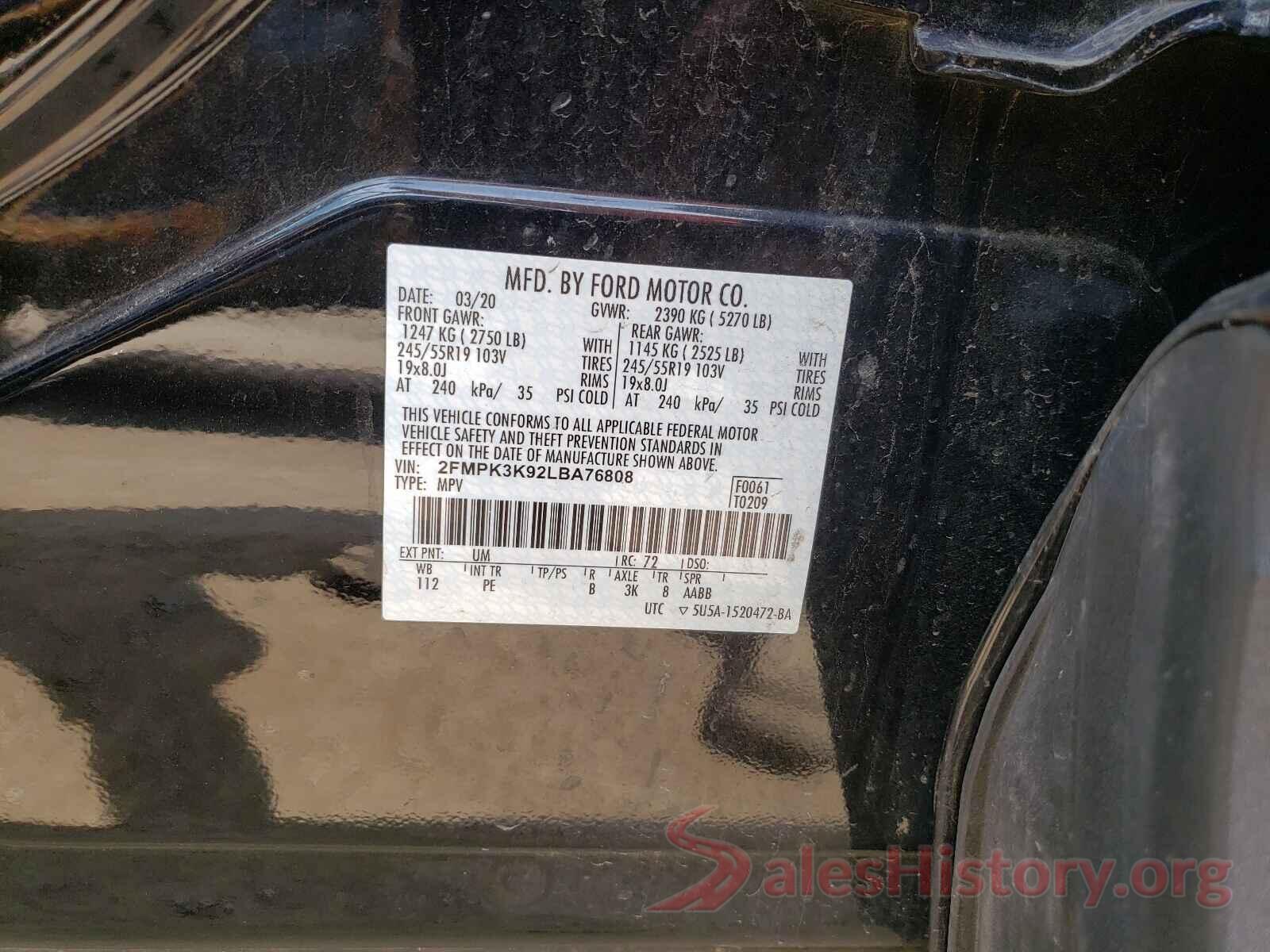 2FMPK3K92LBA76808 2020 FORD EDGE