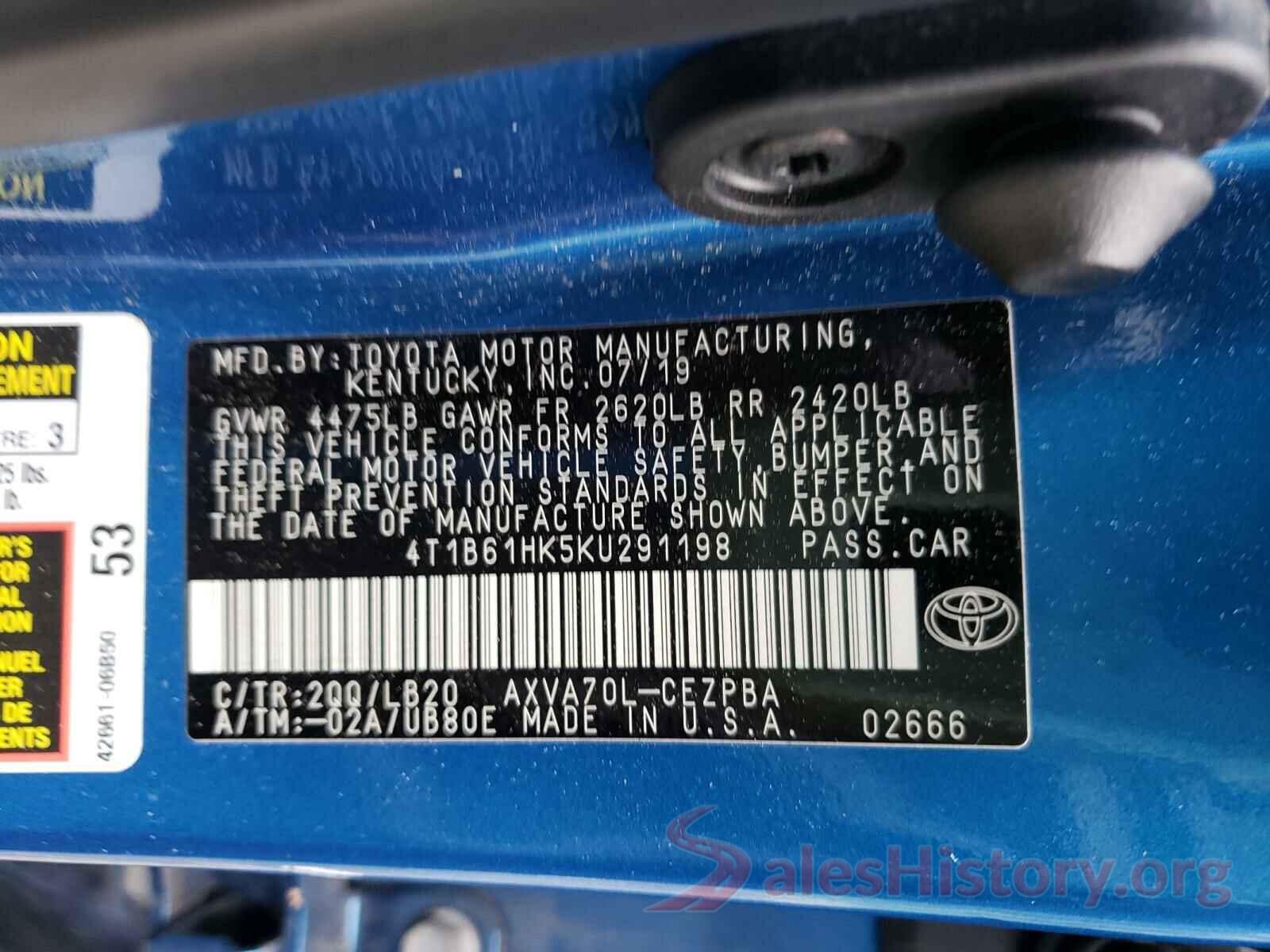 4T1B61HK5KU291198 2019 TOYOTA CAMRY