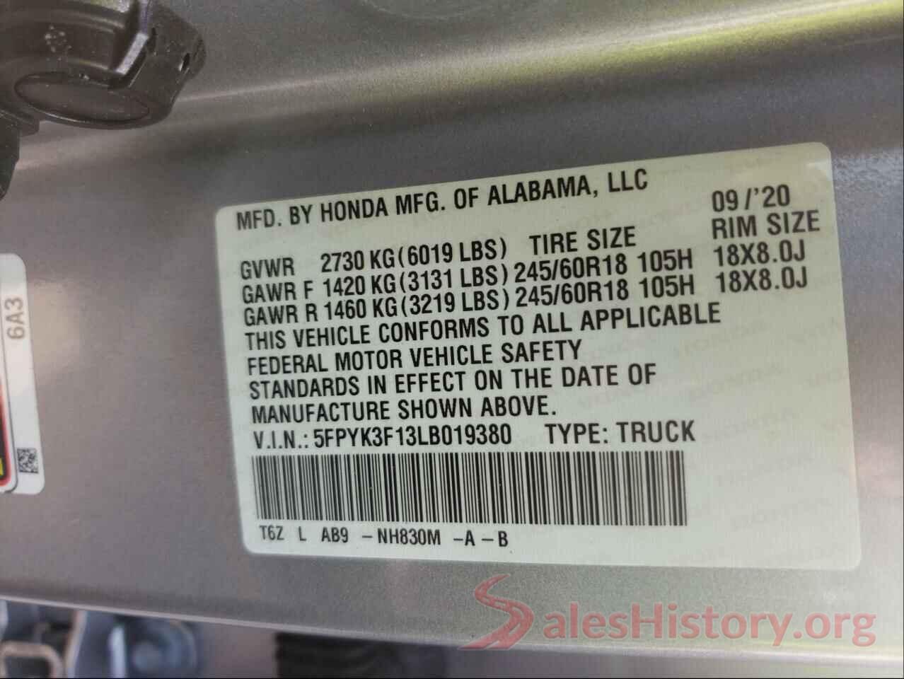 5FPYK3F13LB019380 2020 HONDA RIDGELINE