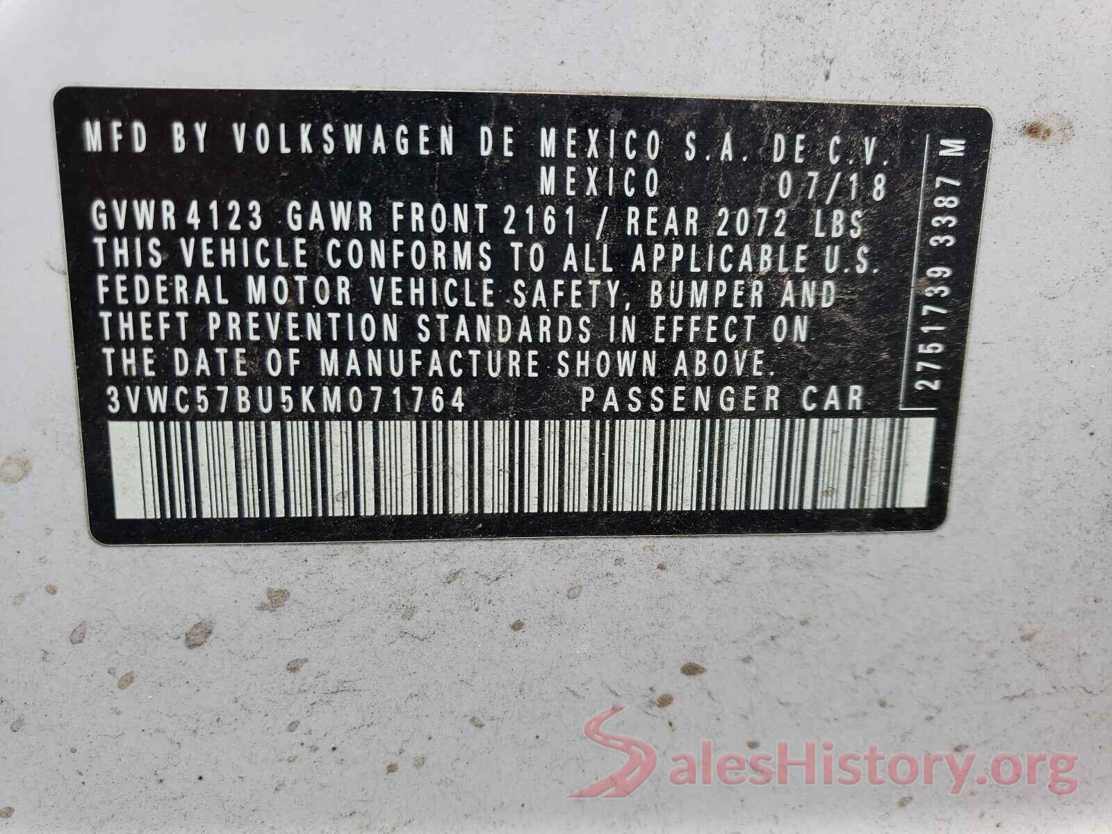 3VWC57BU5KM071764 2019 VOLKSWAGEN JETTA