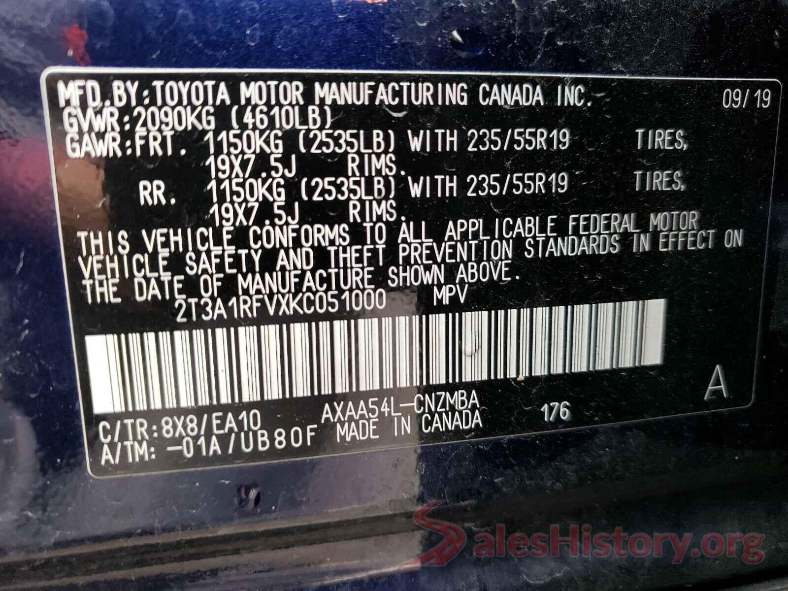 2T3A1RFVXKC051000 2019 TOYOTA RAV4