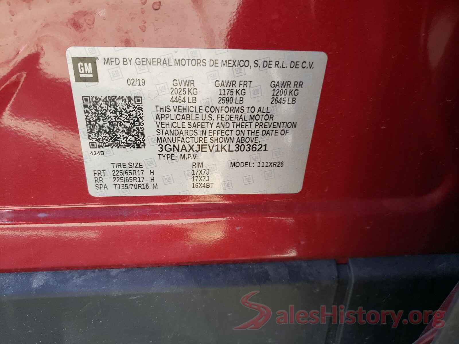 3GNAXJEV1KL303621 2019 CHEVROLET EQUINOX