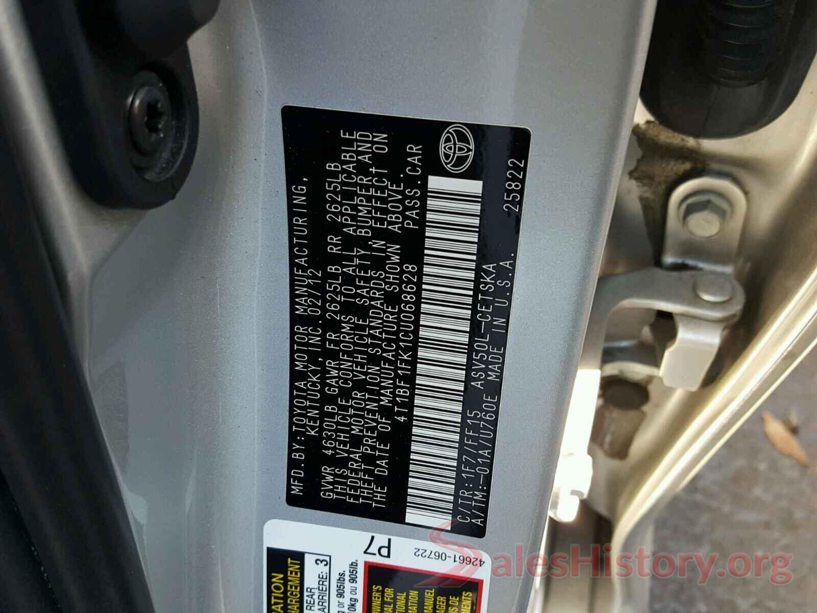 4T1BF1FK1CU068628 2012 TOYOTA CAMRY BASE