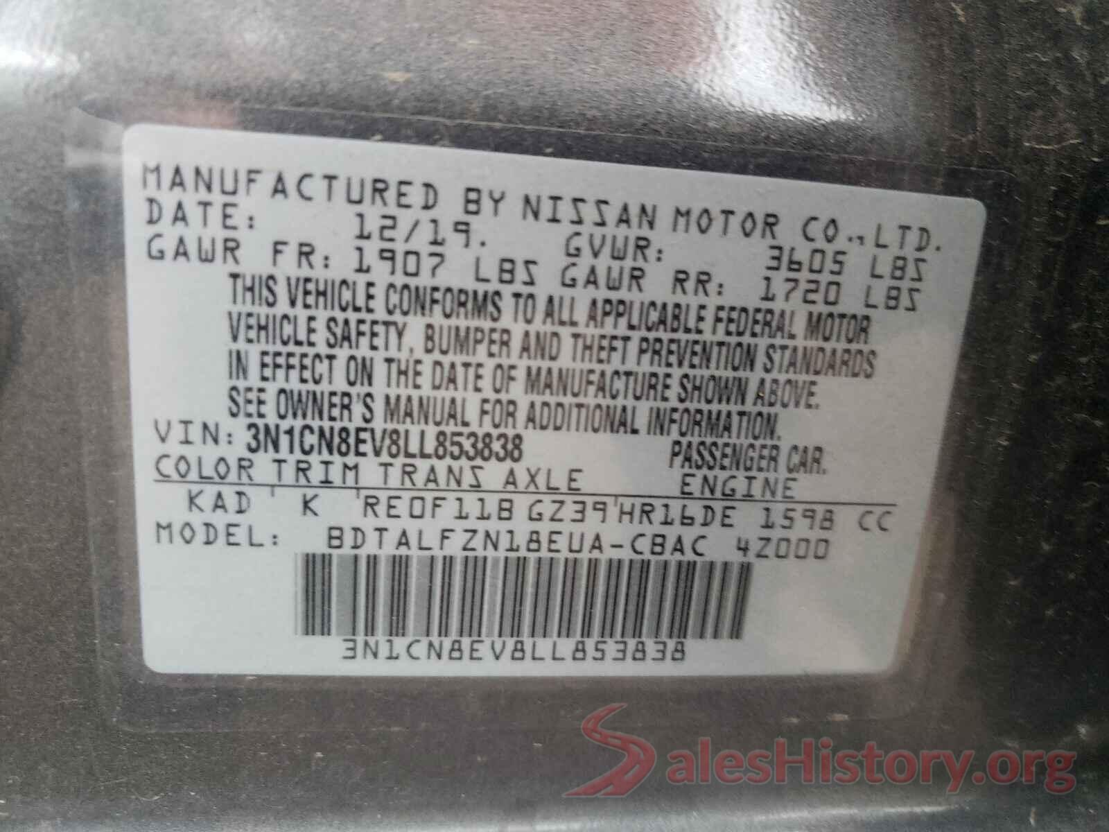 3N1CN8EV8LL853838 2020 NISSAN VERSA