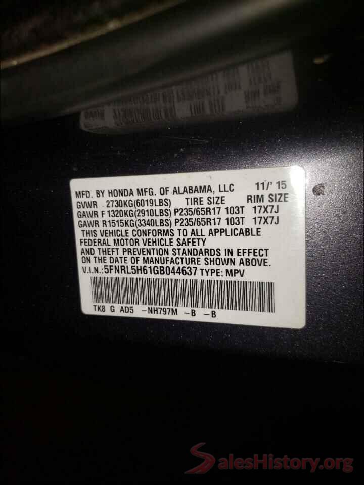 5FNRL5H61GB044637 2016 HONDA ODYSSEY