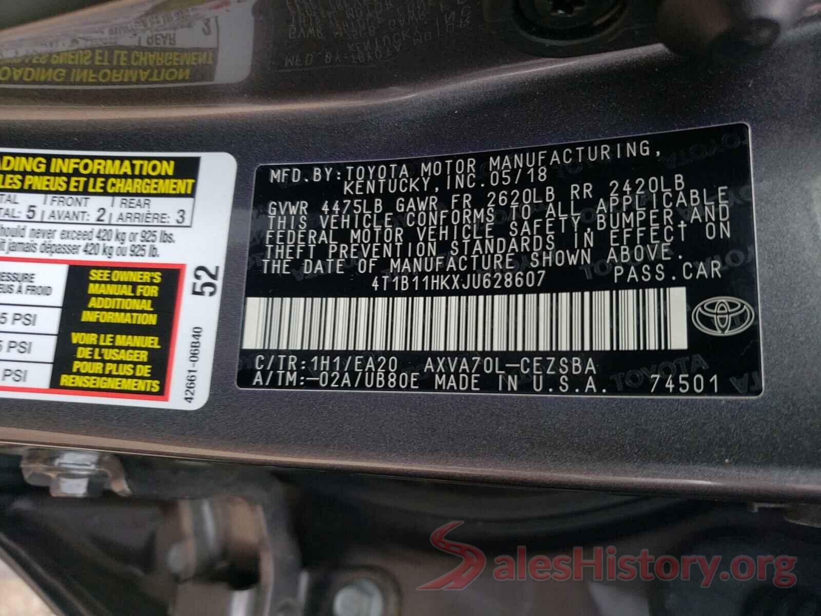 4T1B11HKXJU628607 2018 TOYOTA CAMRY