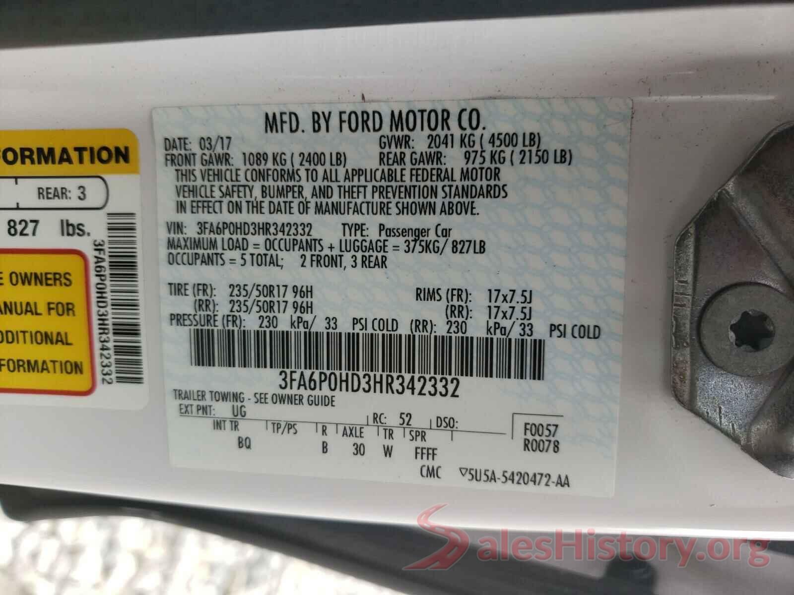 3FA6P0HD3HR342332 2017 FORD FUSION