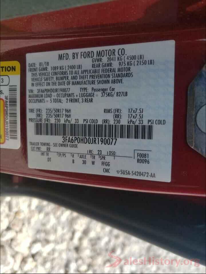 3FA6P0HD0JR190077 2018 FORD FUSION