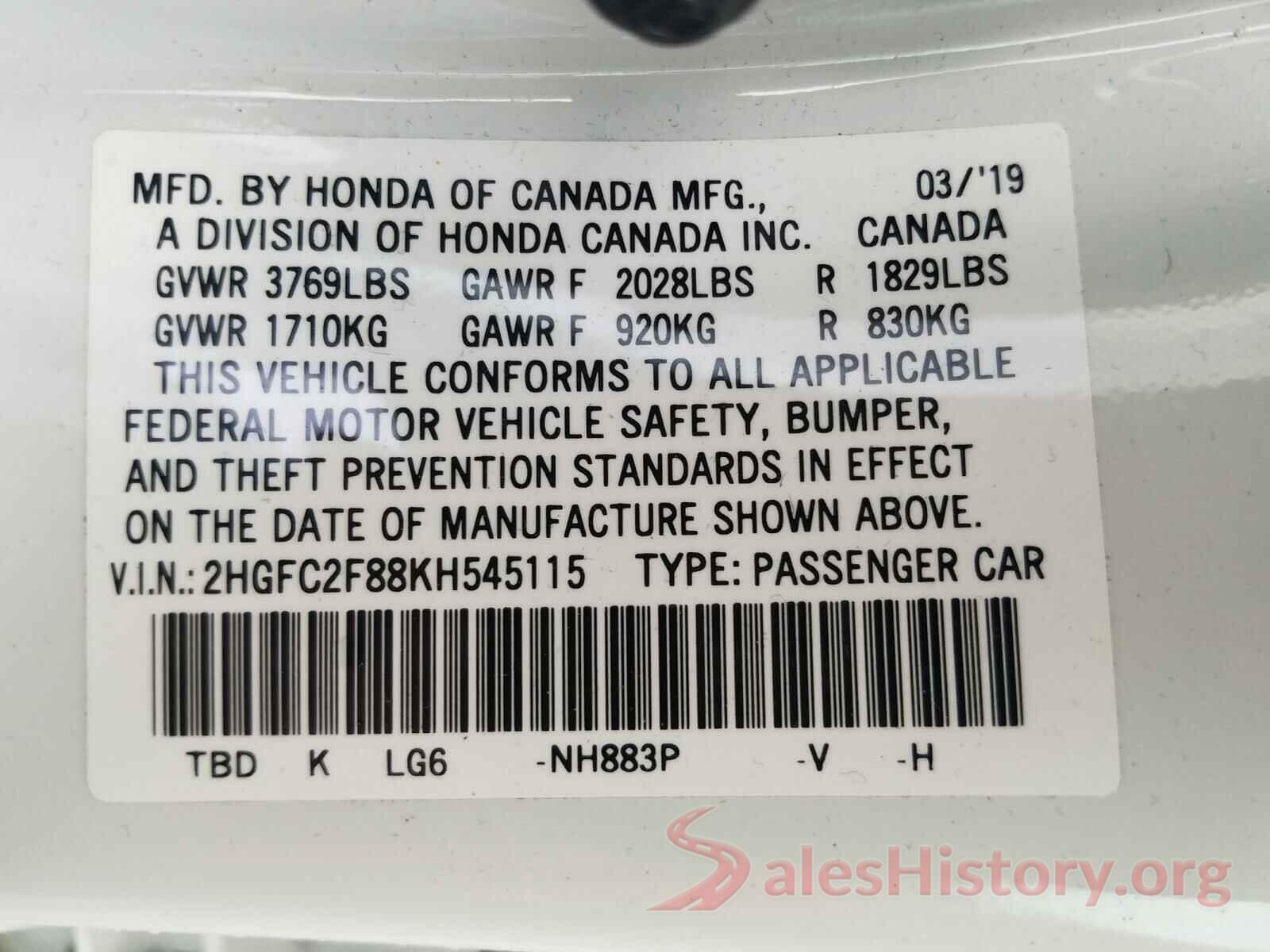 2HGFC2F88KH545115 2019 HONDA CIVIC