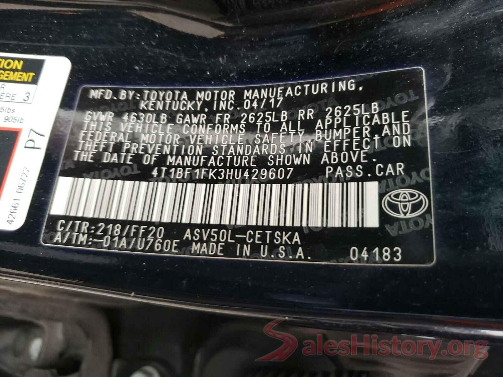 4T1BF1FK3HU429607 2017 TOYOTA CAMRY