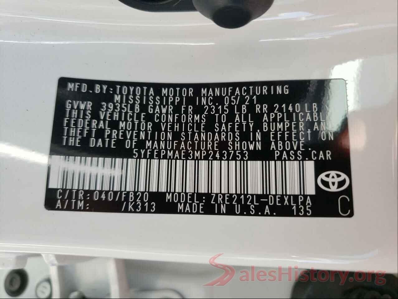 5YFEPMAE3MP243753 2021 TOYOTA COROLLA