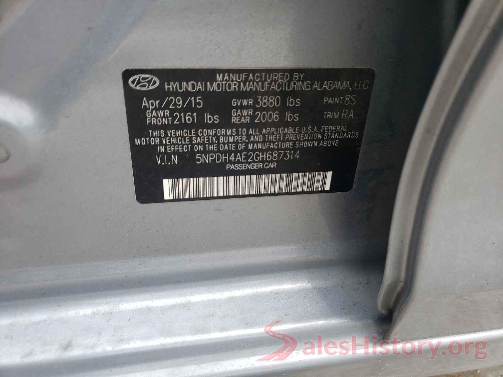 5NPDH4AE2GH687314 2016 HYUNDAI ELANTRA