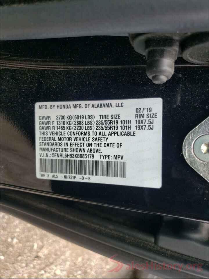 5FNRL6H93KB085179 2019 HONDA ODYSSEY