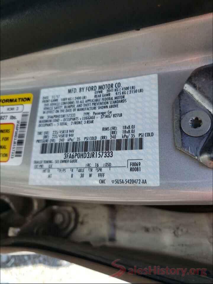 3FA6P0HD3JR157333 2018 FORD FUSION