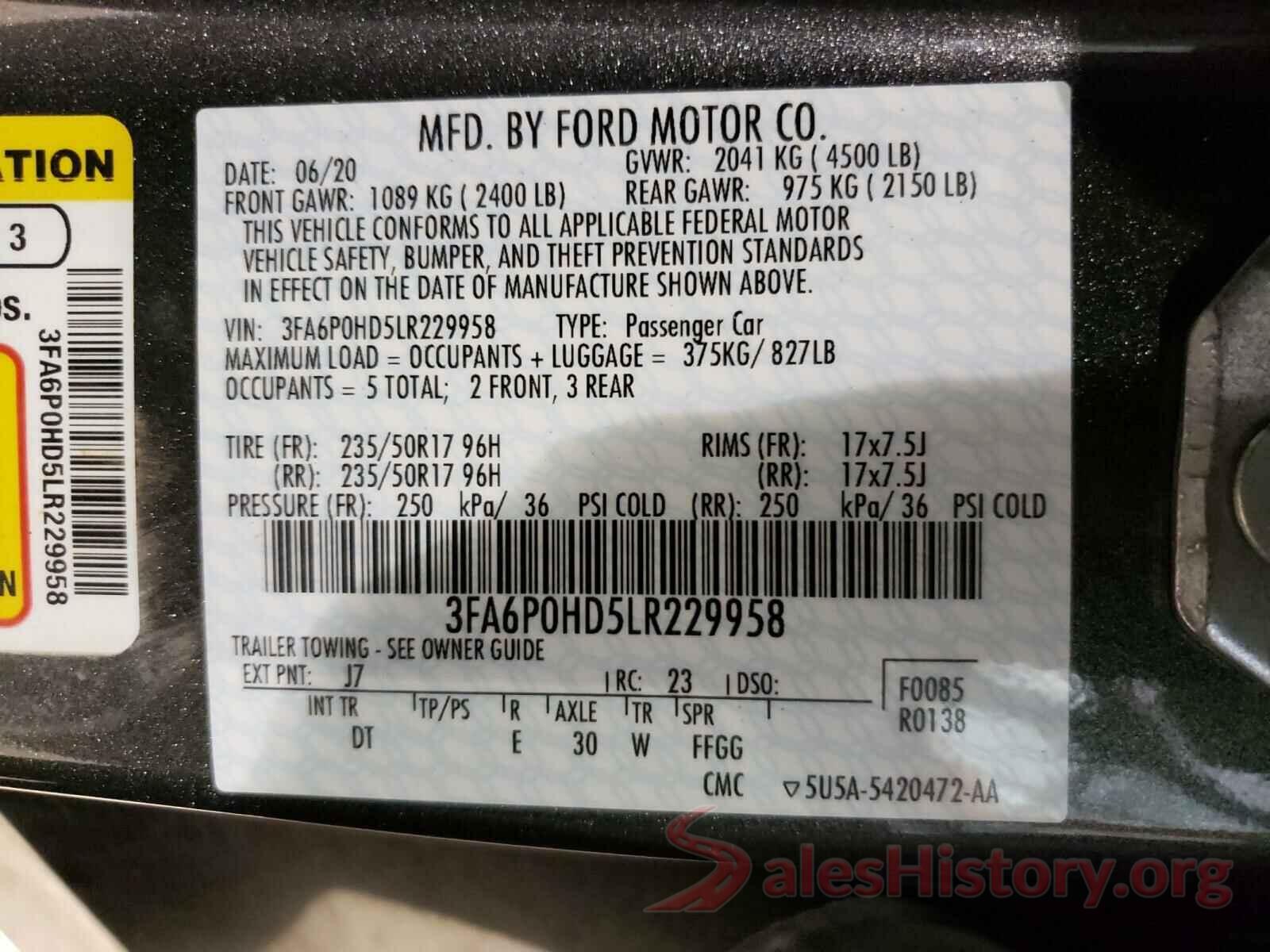 3FA6P0HD5LR229958 2020 FORD FUSION