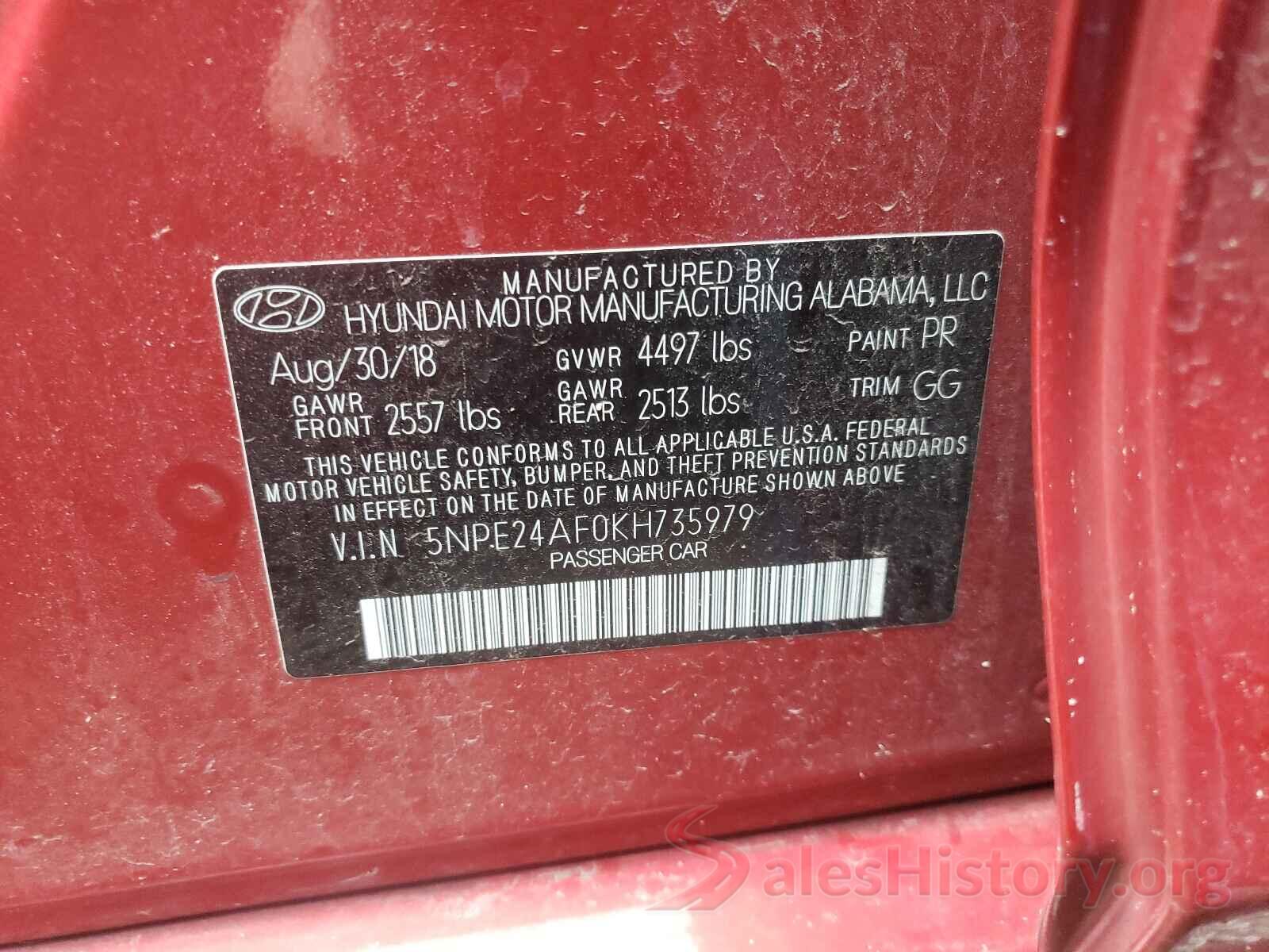 5NPE24AF0KH735979 2019 HYUNDAI SONATA