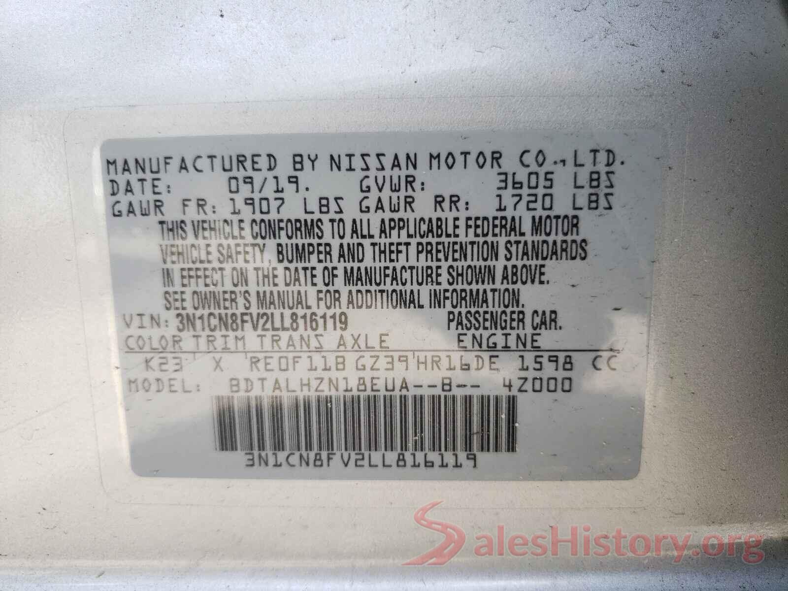 3N1CN8FV2LL816119 2020 NISSAN VERSA