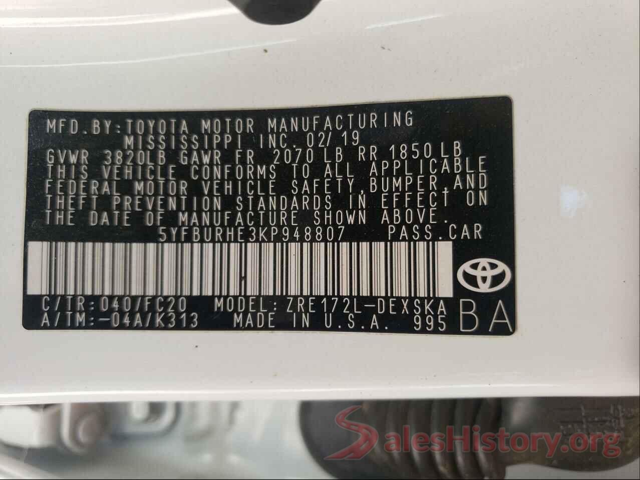 5YFBURHE3KP948807 2019 TOYOTA COROLLA