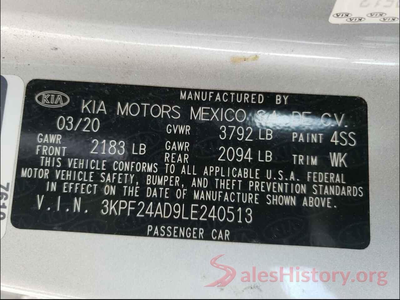 3KPF24AD9LE240513 2020 KIA FORTE